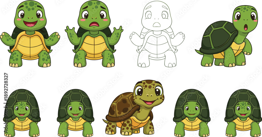 Obraz premium Turtle cartoon character set. Cute green tortoise with different poses and emotions. Flat animal mascot illustrations for kids design, stickers, games, and education.