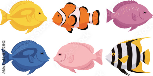 Tropical fish cartoon illustration set. Colorful marine fish with simple flat shapes. Ocean aquarium fish vectors for kids design, education, stickers, and underwater themes.