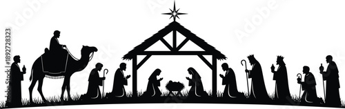 Nativity scene silhouette, birth of Jesus, Christian tradition, holy family, wise men, shepherds, Bethlehem star, religious icon, flat vector