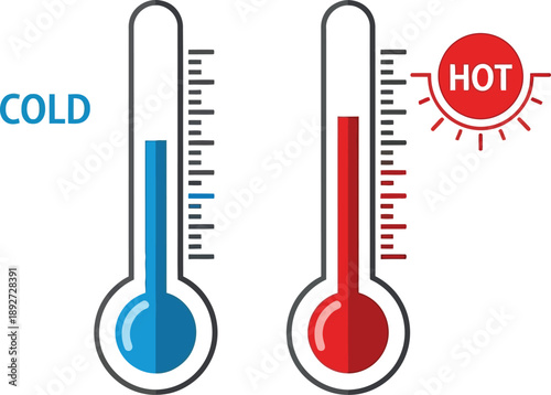 Hot and cold thermometers with text and sun icon, isolated on white background