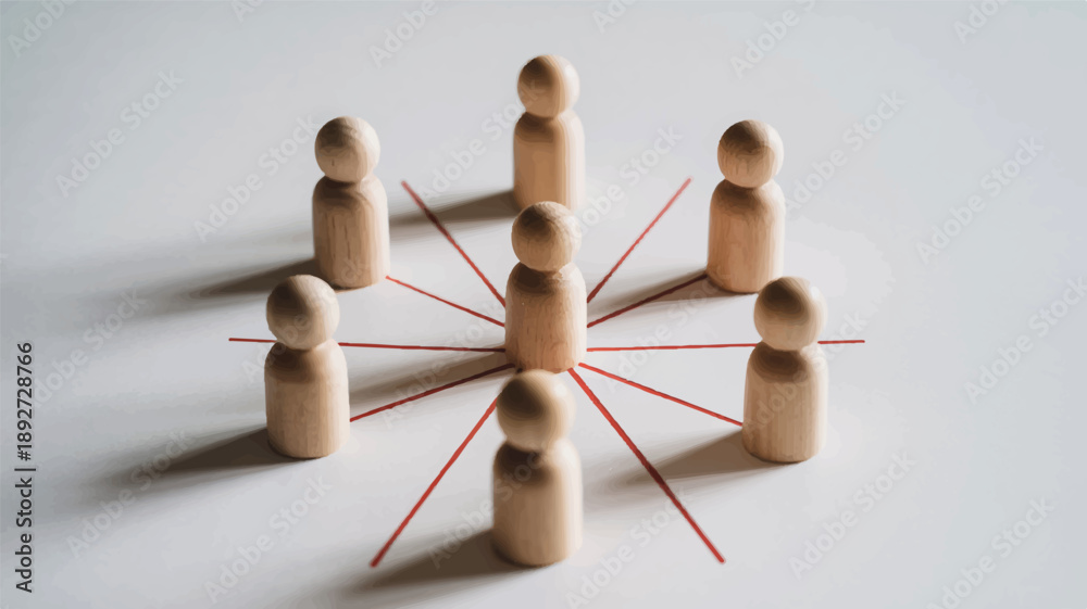 Obraz premium Wooden figures connected by red lines connection network