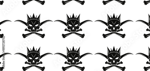 Skull with crown and wings, gothic bones pattern, pirate tattoo style, seamless dark background, edgy graphic design, flat vector