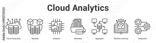 Cloud Analytics web banner icon set vector illustration concept for business with icon of Cloud Computing, Big Data, Analytics, Metadata, Aggregate, Mach.