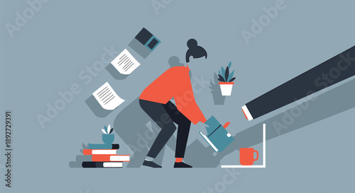 Woman overwhelmed by falling papers and books in home office with plants