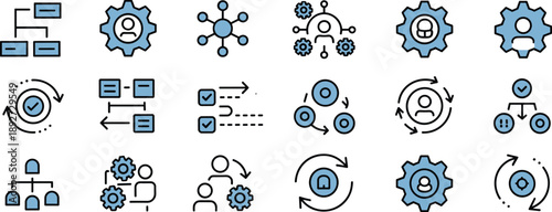 Stylized business workflow and organizational icons in blue and black for HR, process management, system operations, and team collaboration visuals.