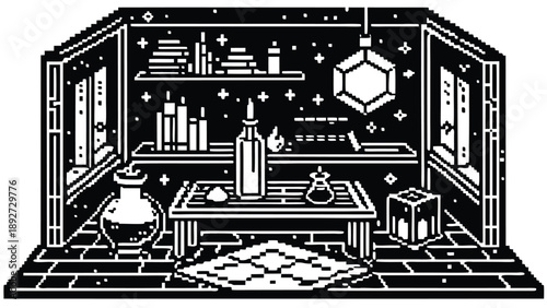 Pixel Art 1-Bit Isometric Alchemist Study Room Background