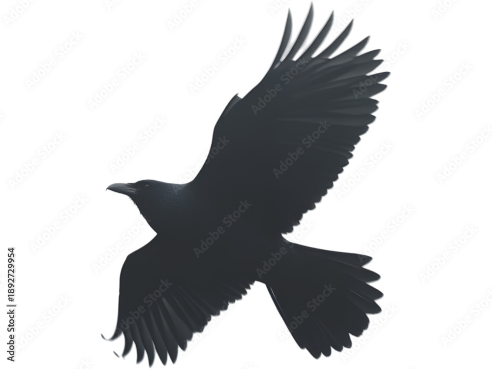 Obraz premium Flying crow with open wings in dynamic pose, dark feathers and realistic bird silhouette isolated on transparent background.