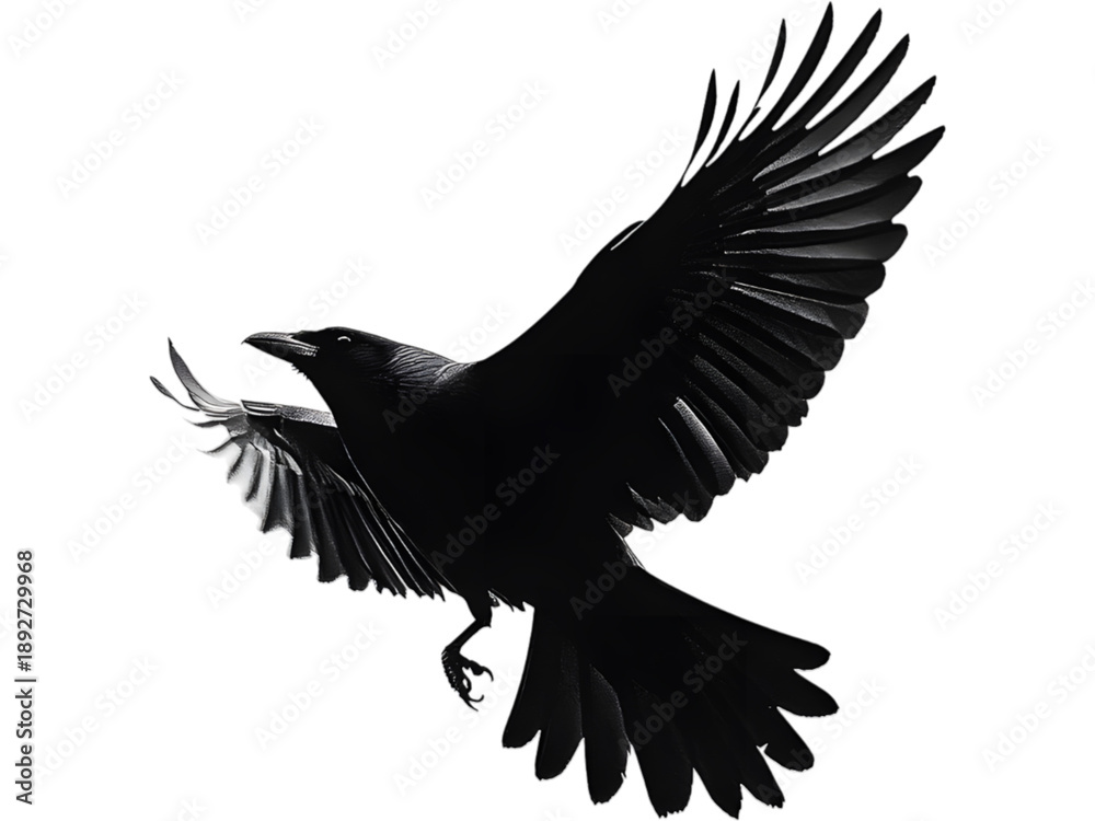 Obraz premium Flying crow with open wings in dynamic pose, dark feathers and realistic bird silhouette isolated on transparent background.