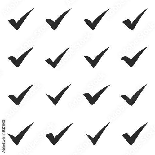 Set of black check marks in varied brush and minimal styles, isolated on white background. Use for approval, verification, completed tasks, UI checkboxes, quality control and ratings.