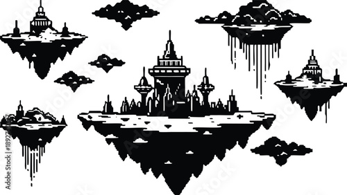 Pixel Art 1-Bit Floating Castle Sky Kingdom Landscape