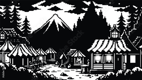 Pixel Art 1-Bit Mountain Village Valley Landscape Sprite