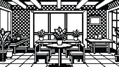 Pixel Art 1-Bit Indoor Traditional Dining Room Background Scene
