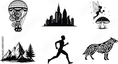 Set of six silhouette illustrations including steampunk balloon, city skyline, fairy, mountain, runner, and tribal wolf for creative and thematic design concepts