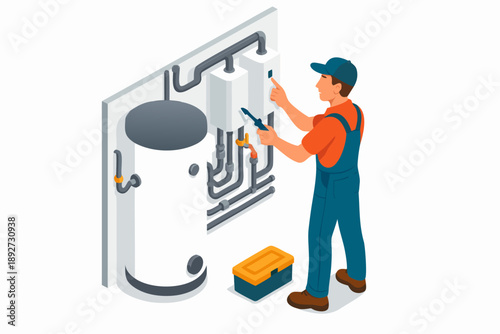 A plumber in overalls fixing a water heater with a wrench