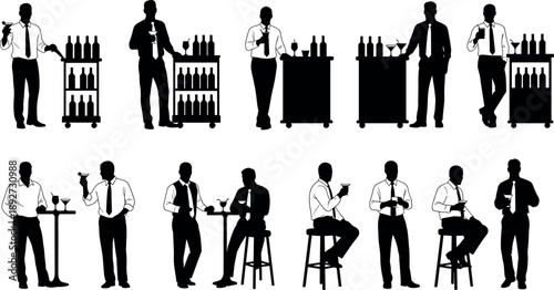 Vector collection of male bartender silhouettes serving alcohol on carts and customers drinking at bar tables and stools.