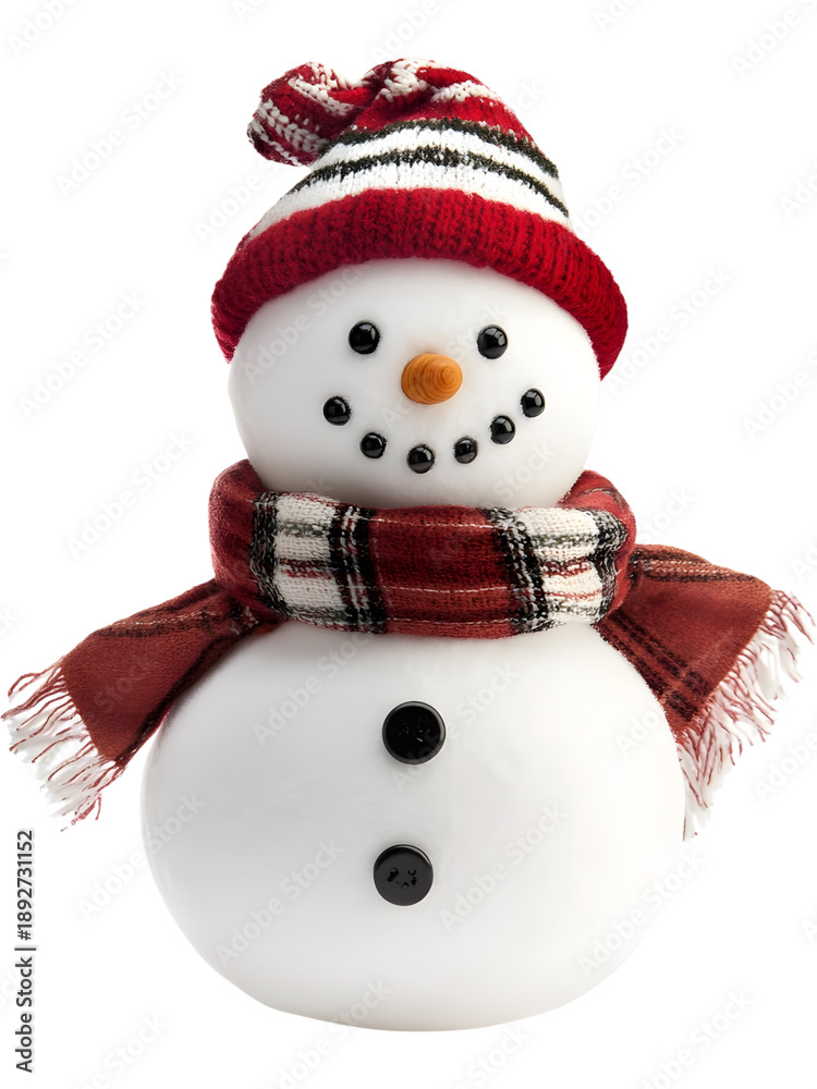 Fototapeta premium Smiling snowman with winter hat and red scarf, festive winter character isolated on transparent background..Tags: