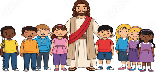 Cartoon illustration of Jesus with diverse smiling children, symbolizing love, inclusion, and spiritual guidance. Ideal for religious education and inspirational children’s content.
