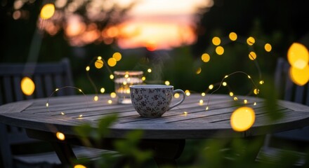 A steaming cup of tea on a wooden table with fairy lights in the background.