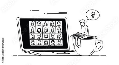 Remote worker on coffee break with video conference call on laptop screen