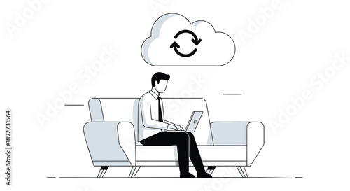 Businessman working remotely on laptop from comfortable couch with cloud sync symbol