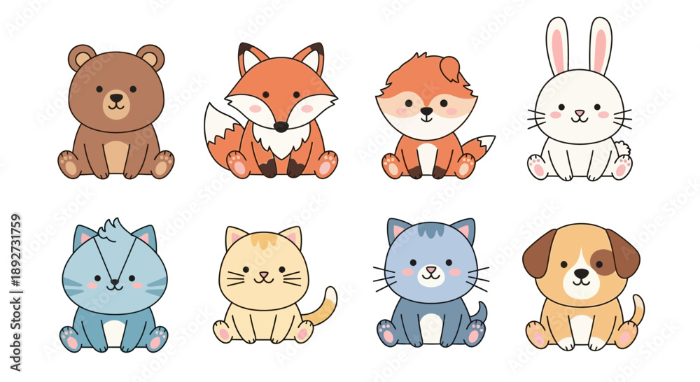 Fototapeta premium Cute Cartoon Animals Set: Bear, Fox, Rabbit, Cat, Dog