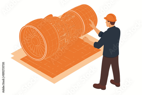 A construction worker rolling a large orange cylinder on a flat surface