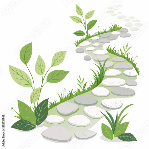 A serene garden stone path winding through lush greenery and plants viewed from directly above in a flat vector illustration