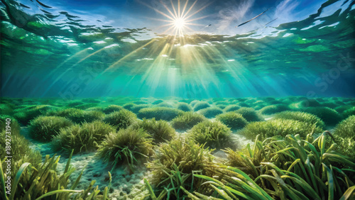 Seagrass Ecosystem Awareness Art ? Vibrant Seaweed and Algae in Clear Blue Ocean Habitat.eps