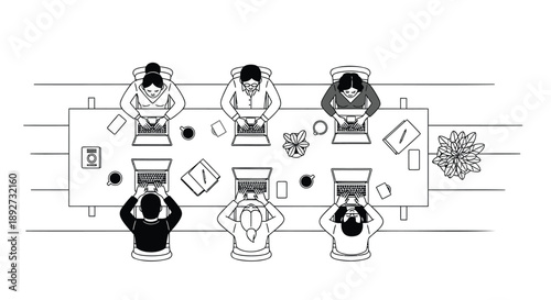 People sitting around a meeting table working on laptops in a line illustration style