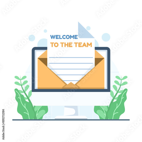 Envelope containing a team welcome message illustration. Concept for new employee greetings, corporate letters, and internal team communication visuals.