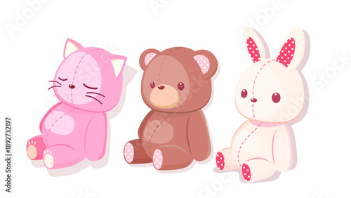 かわいい動物のぬいぐるみ3体セット（猫、クマ、うさぎ） ベクターイラスト