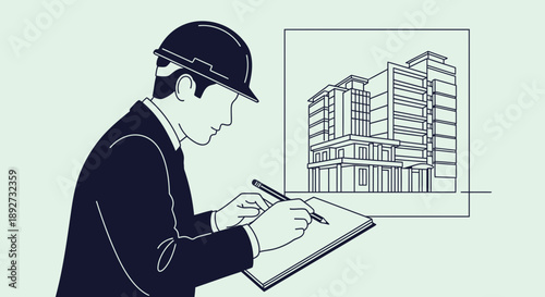 Architect designing building plans on notebook Vector