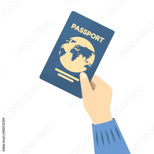 Illustration of a person holding a passport in hand. Concept for travel, tourism, citizenship, and migration documentation for travel planning and international mobility.