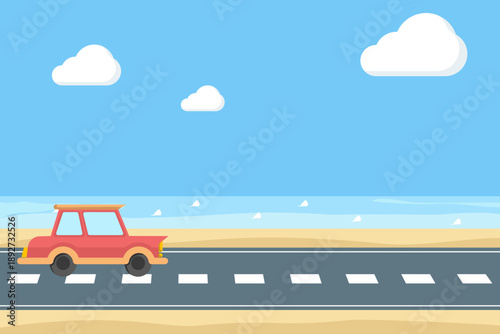 Beach holiday cartoon scene showing a car on a coastal road. Vacation travel concept for tourism advertising, lifestyle visuals, and digital marketing content.