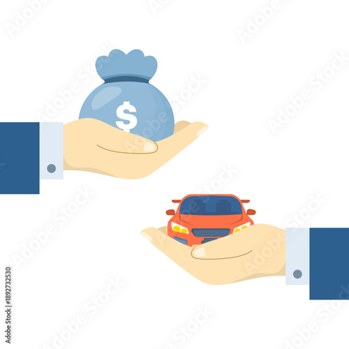Illustration showing one hand giving a car to another. Automotive and car sales concept for vehicle purchases, dealership transactions, and buyer-seller interactions.