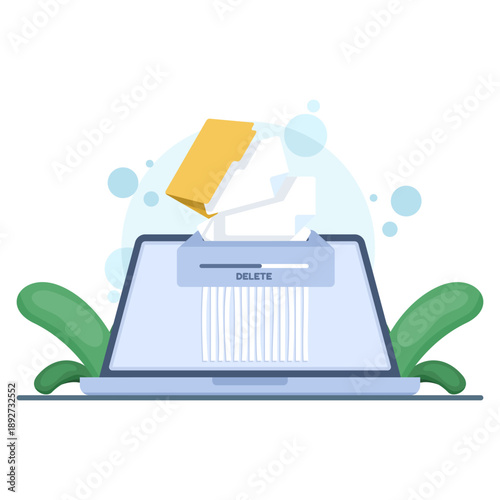 Flat vector illustration of document removal process with delete icons and paper shredder. Concept for file deletion, data cleanup, and web or mobile app interface actions.