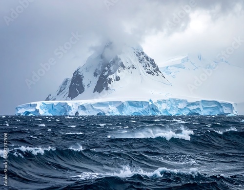 A large, snowy iceberg floats in a turbulent sea with a mountain range shrouded in mist in the background