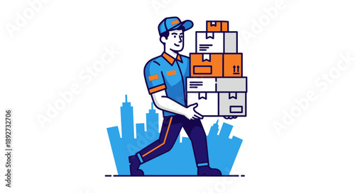 Delivery worker carrying stack of parcels in urban environment Vector