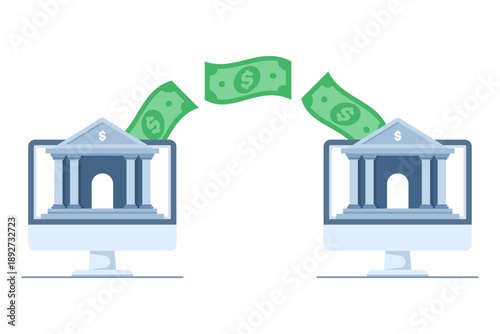 Illustration showing funds being sent and received between companies and bank accounts. Financial transfer and transaction concept for digital banking and investments.