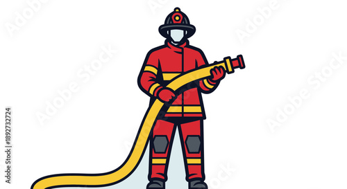 Firefighter ready to extinguish flames with hose Vector