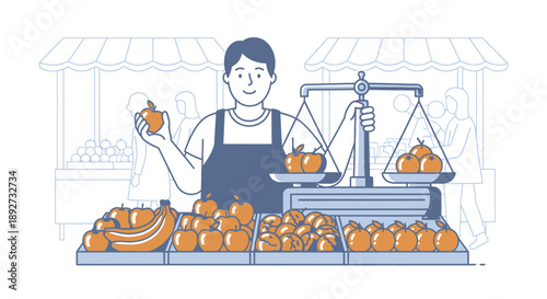 Market vendor weighing fresh produce with precision Vector