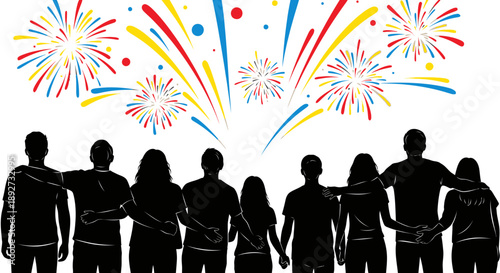 Family silhouettes watching vibrant fireworks display Vector