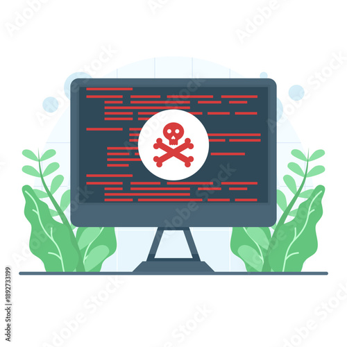 Flat vector illustration of a computer system error warning. Concept for antivirus protection, malware alerts, virus threats, phishing, and hacker detection.