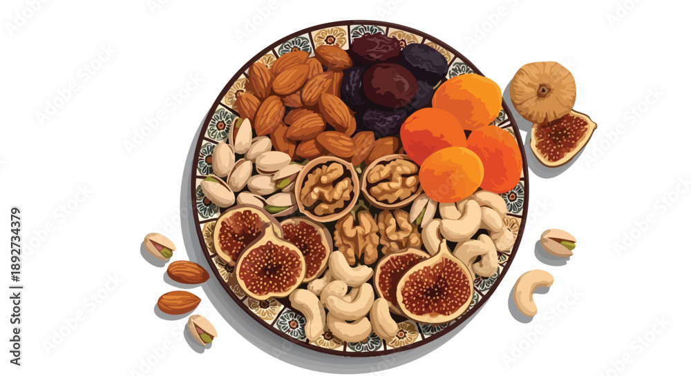 Fototapeta premium An appealing mix of healthy dried fruits and natural nuts, artfully arranged on a decorative plate, perfect for thoughtful Ramadan preparations, ensuring balanced nutrition