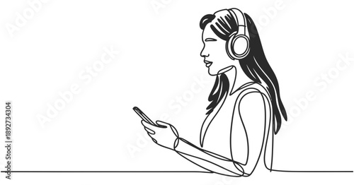 Young woman listening to music with headphones while using her smartphone, continuous line art
