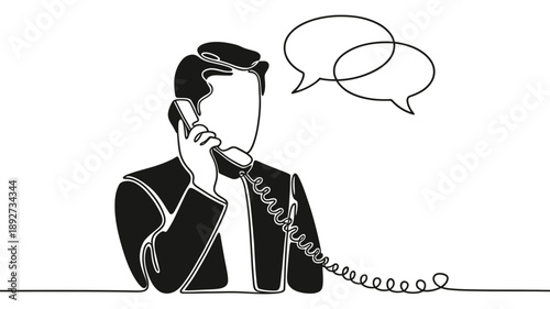 Man communicating on a landline phone with speech bubbles in a continuous line art style
