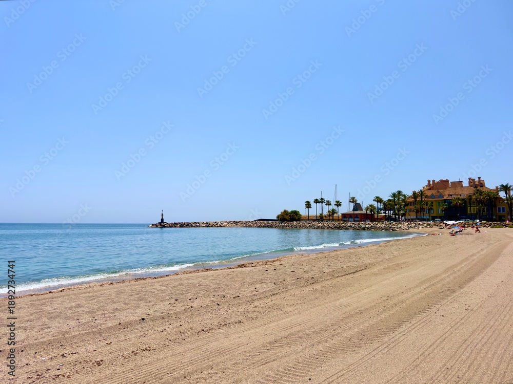 Obraz premium Playa de Torreguadiaro, beach with a view to Sotogrande near Torreguadiaro at the Mediterranean Sea, Costa del Sol, Andalusia, Spain