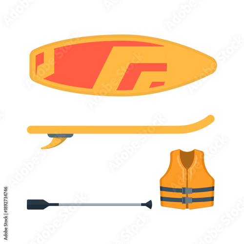 SUP accessory icon set with inflatable board, paddle, and life jacket. Creative vector illustration for stand up paddleboarding and outdoor water sport.