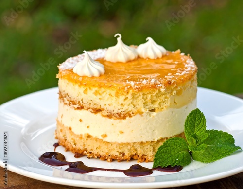 A layered dessert, with a light-colored cake base, creamy filling, topped with a glaze and meringue-like accents, on a white plate