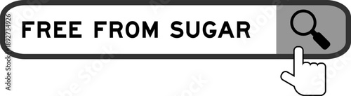 Search banner in word free from sugar with hand over magnifier icon on white background